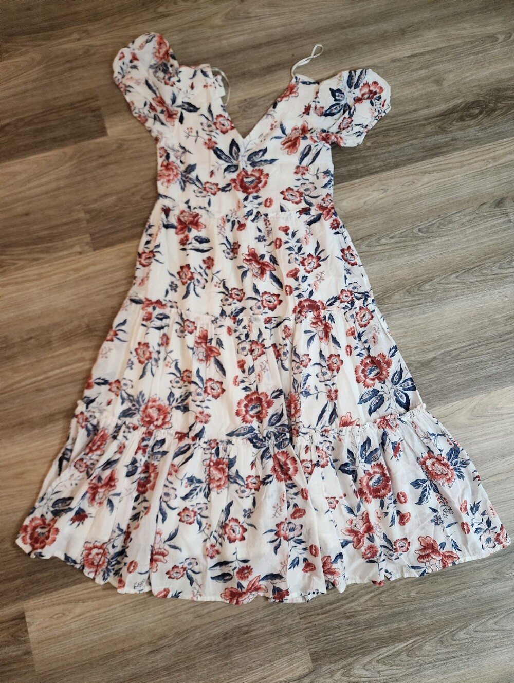 Lucky Brand White Smocked Floral Dress with Red & Blue Print